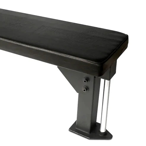 Black weight bench on a white background