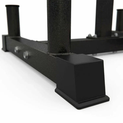 Black metal stand with multiple posts on a white background
