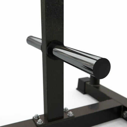 Black metal squat rack with chrome bar on a white background