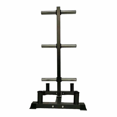 Black metal weightlifting stand with multiple barbell holders on a white background