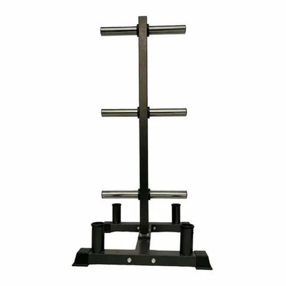 Black metal weightlifting stand with multiple barbell holders on a white background