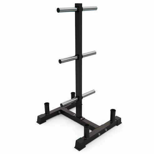 Black metal barbell rack on a white background