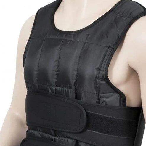 Black weighted vest on a mannequin with a white background