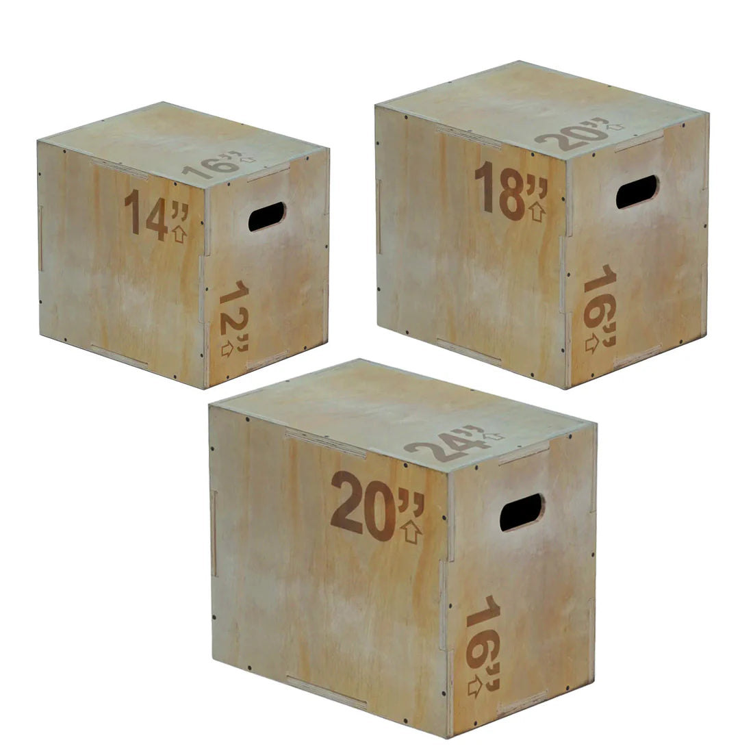 Three wooden boxes with varying sizes and measurements on a white background