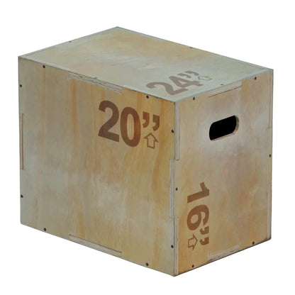 Wooden plyometric box with measurements on a white background