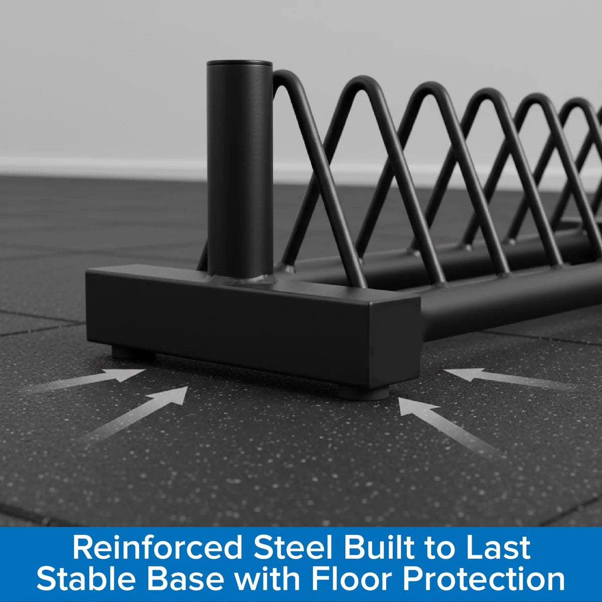 Black metal bike rack on a textured floor with text 'Reinforced Steel Built to Last Stable Base with Floor Protection'.