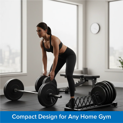 Woman lifting weights in a home gym with text 'Compact Design for Any Home Gym'.