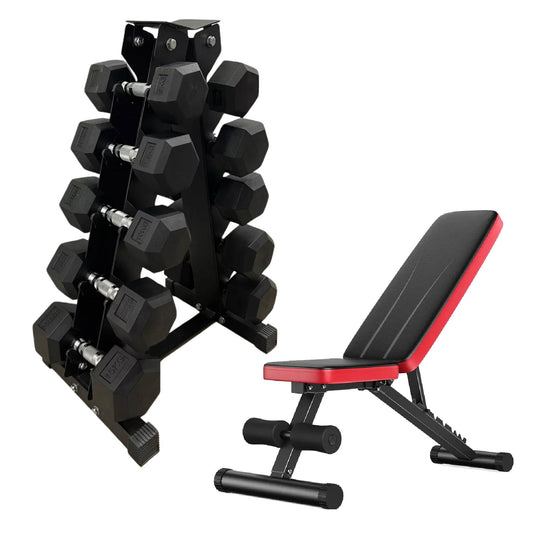 Professional Hex Dumbbell Set with 5-Tier Storage Rack - Complete 5 Pairs Rubber Coated Weight Set - Commercial Grade Exercise Dumbbells from 2.5kg to 60kg - Chrome Handles - Anti-Slip Grip