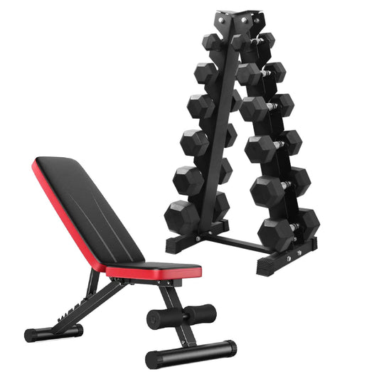 Premium Hex Dumbbell Set - Complete 6 Pairs with A6 Tree Rack - Rubber Coated Weights from 2.5kg to 60kg - Commercial Grade Knurled Grip - Heavy Duty Vertical Storage Solution for Home Gym or Studio