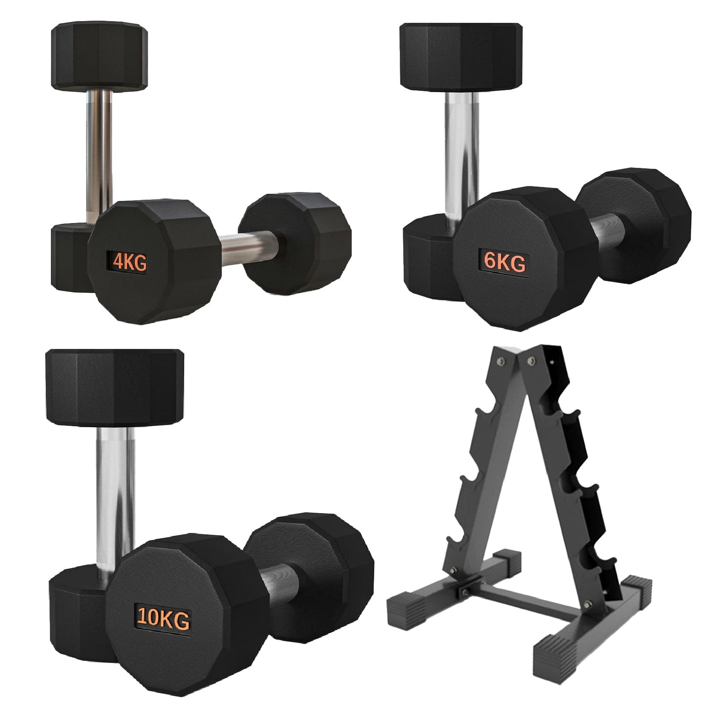 Premium Round Hex Dumbbells with Anti-Roll Design - Rubber-Coated Heads with Knurled Grip - Professional Free Weights Available as Singles, Pairs or Complete Sets - Optional Storage Rack - Strength