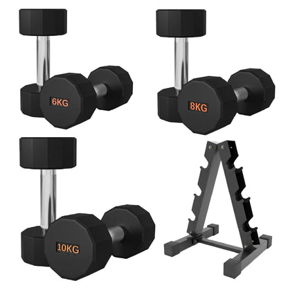 Premium Round Hex Dumbbells with Anti-Roll Design - Rubber-Coated Heads with Knurled Grip - Professional Free Weights Available as Singles, Pairs or Complete Sets - Optional Storage Rack - Strength