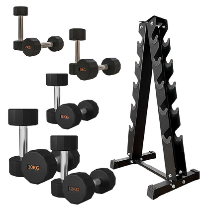 Premium Round Hex Dumbbells with Anti-Roll Design - Rubber-Coated Heads with Knurled Grip - Professional Free Weights Available as Singles, Pairs or Complete Sets - Optional Storage Rack - Strength