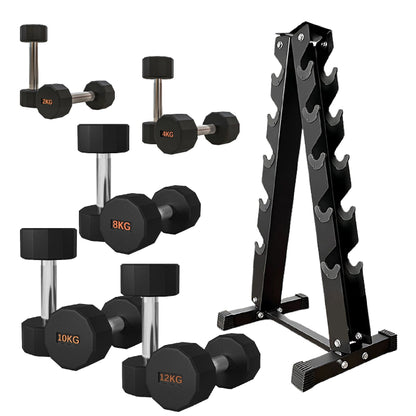Premium Round Hex Dumbbells with Anti-Roll Design - Rubber-Coated Heads with Knurled Grip - Professional Free Weights Available as Singles, Pairs or Complete Sets - Optional Storage Rack - Strength
