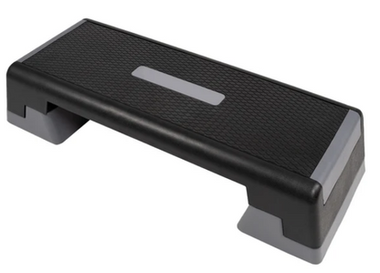 Black step platform with gray accents on a white background