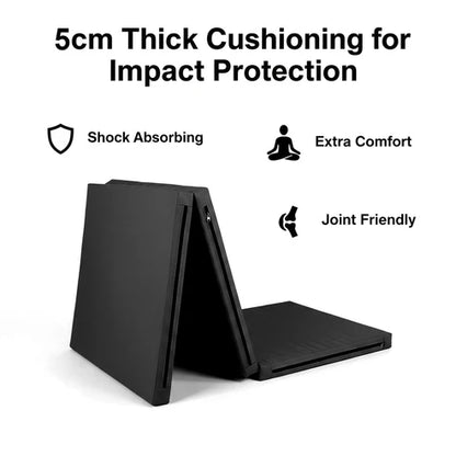 Black folding mat with text highlighting its tri-fold design, space-saving, and easy storage features on a white background.
