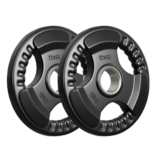 Tri-Grip Olympic Weight Plate - Premium Black Rubber Coated Cast Iron with 2" Hole - Professional Strength Training Plates for Home and Commercial Gyms - Enhanced Grip Design for Barbell Exercises