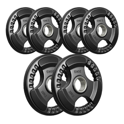 Tri-Grip Olympic Weight Plate - Premium Black Rubber Coated Cast Iron with 2" Hole - Professional Strength Training Plates for Home and Commercial Gyms - Enhanced Grip Design for Barbell Exercises