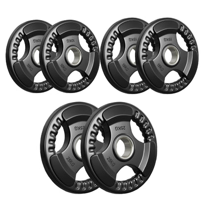 Tri-Grip Olympic Weight Plate - Premium Black Rubber Coated Cast Iron with 2" Hole - Professional Strength Training Plates for Home and Commercial Gyms - Enhanced Grip Design for Barbell Exercises
