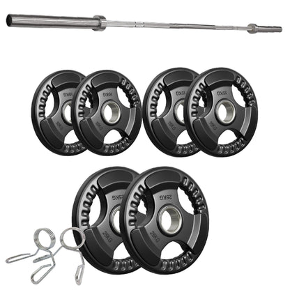 Tri-Grip Olympic Weight Plate - Premium Black Rubber Coated Cast Iron with 2" Hole - Professional Strength Training Plates for Home and Commercial Gyms - Enhanced Grip Design for Barbell Exercises