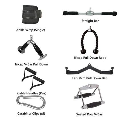 Premium Cable Machine Attachments Set – Tricep Rope, V-Bar, Lat Pulldown Bar, Seated Row Handle, Straight Bar & Ankle Straps | Multi-Gym Cable Attachments for Strength Training & Home Gym Workouts